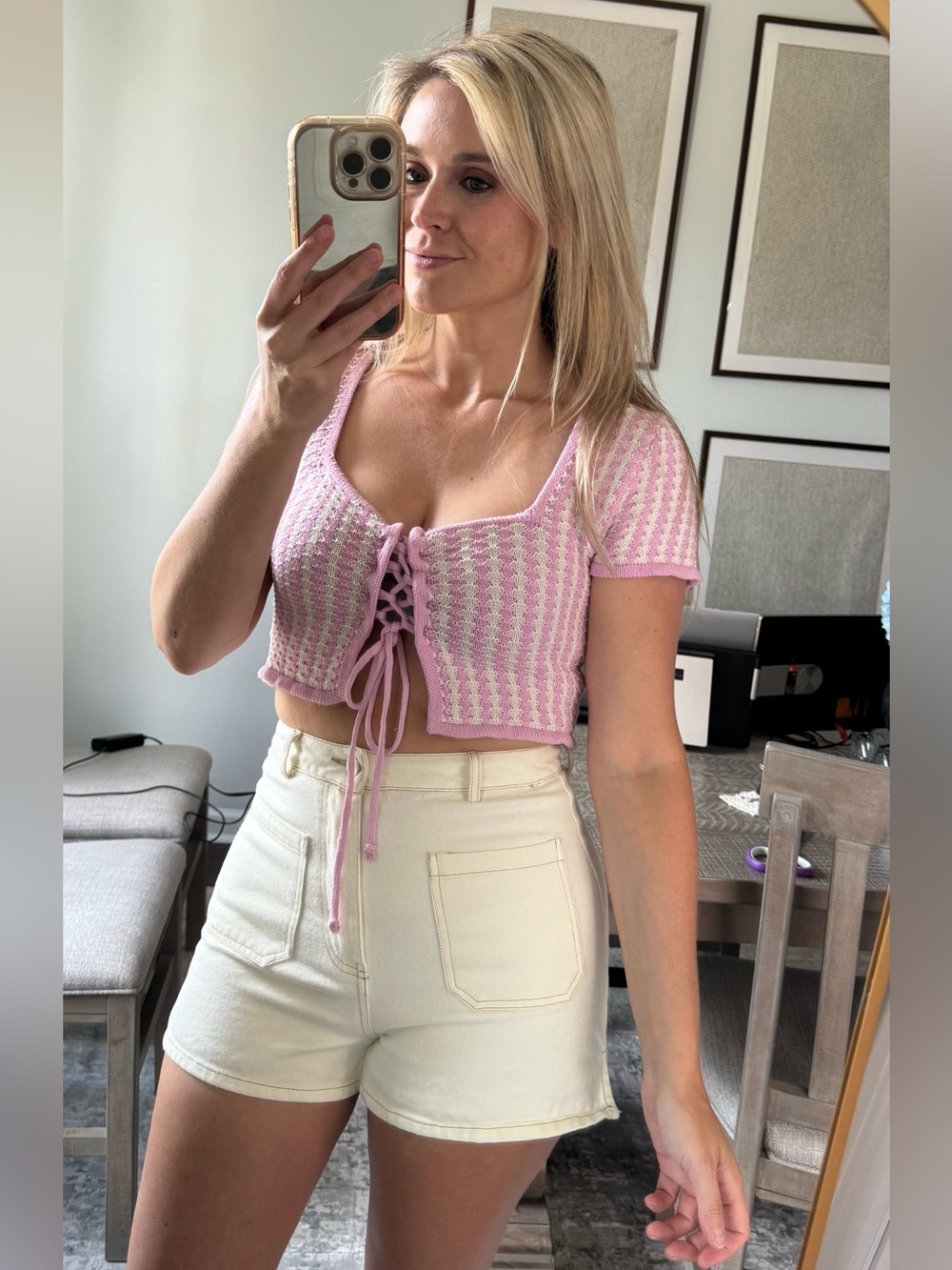 Pink and Cream Knit Square Neck Girly Sweet Crop Top - Picture 10 of 13